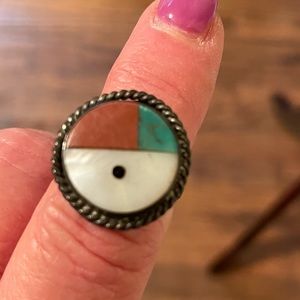 Turquoise,silver,coral and mother of pearl ring
